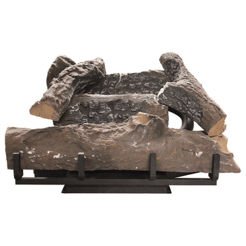 Wooden logs on a metal stand against a white background