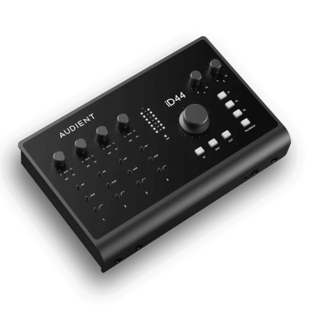 Black audio interface with 'Audient' branding on a white background