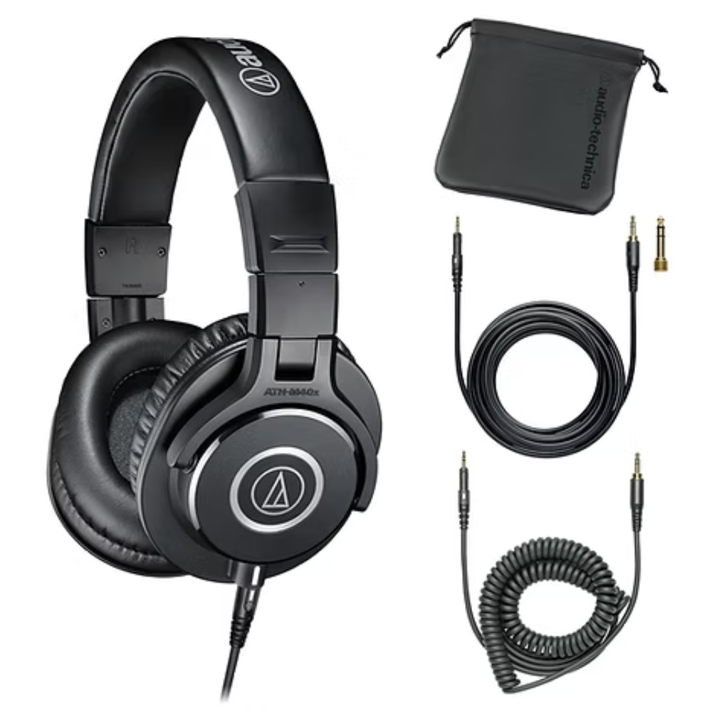 Black headphones with accessories on a white background
