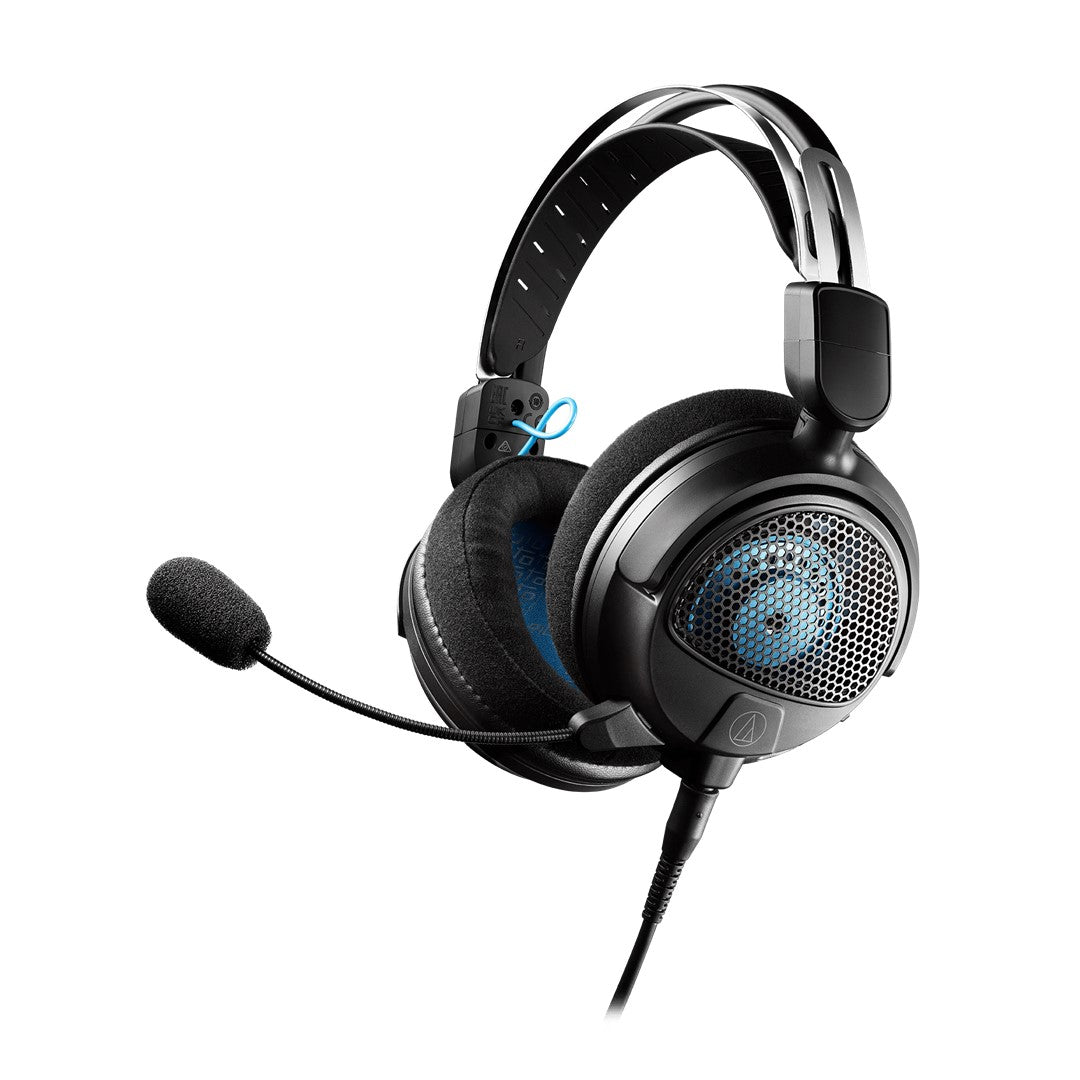 Black gaming headset with blue accents on a white background