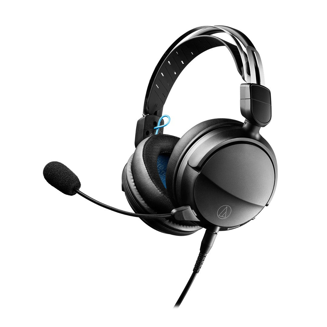 Black gaming headset with microphone on a white background