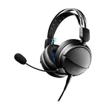 Black gaming headset with microphone on a white background