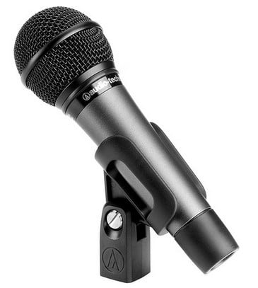 Black microphone with Audio-Technica logo on a white background