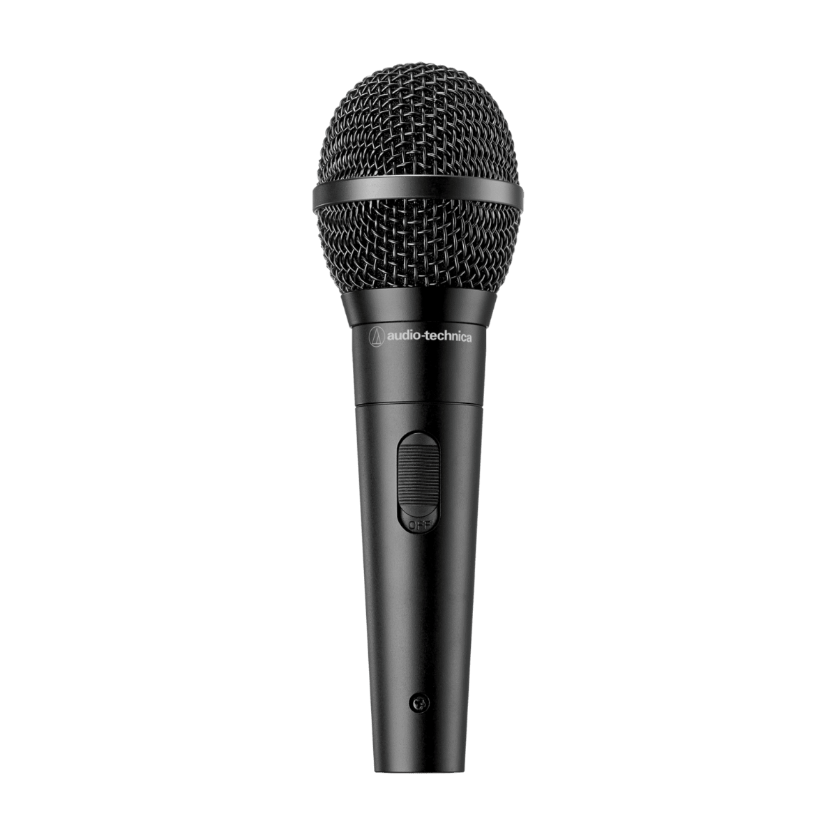 Black microphone with Audio-Technica logo on a white background