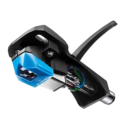 Cartridge for a turntable with blue and black design on a white background