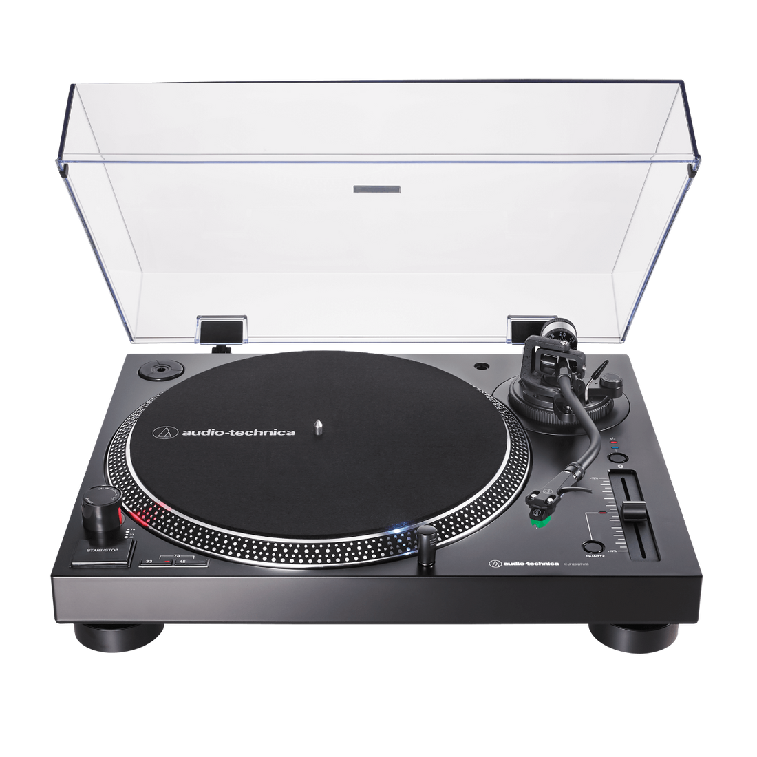 Audio-technica turntable with clear dust cover on a white background