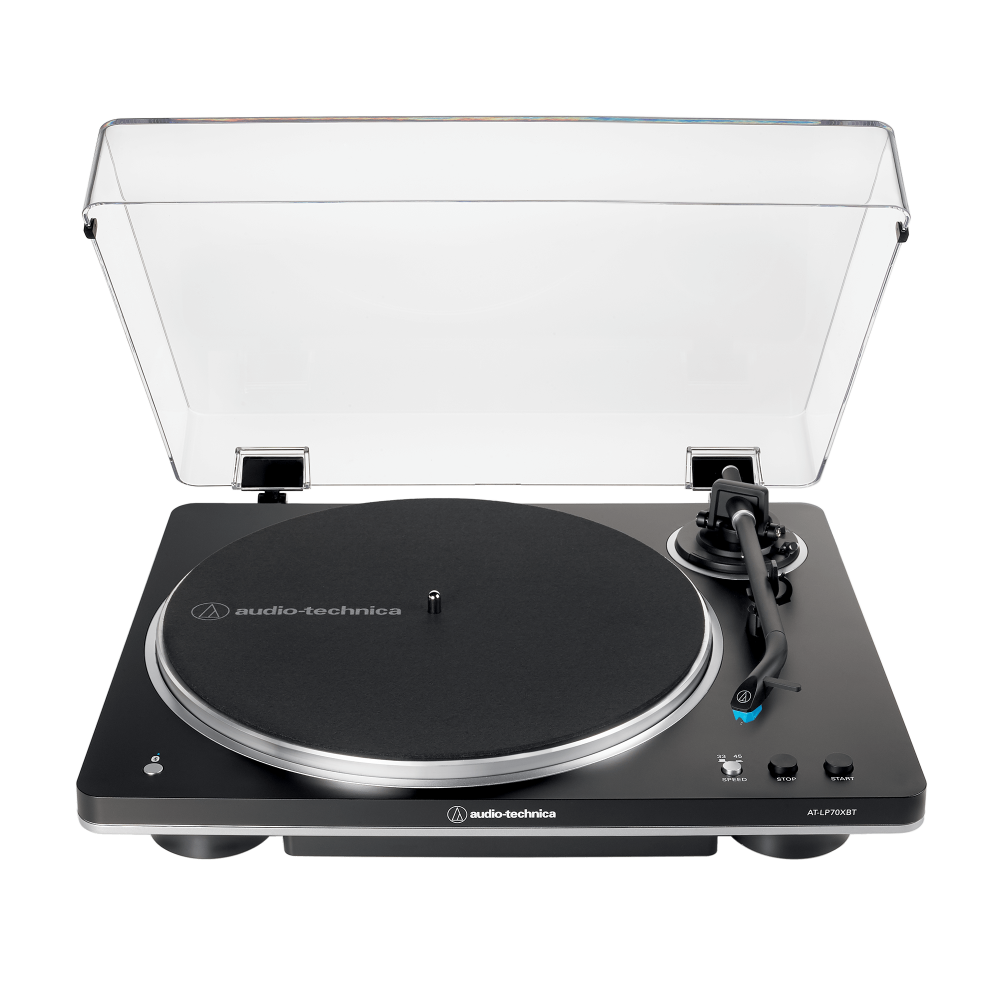 Audio-technica turntable with clear dust cover on a white background