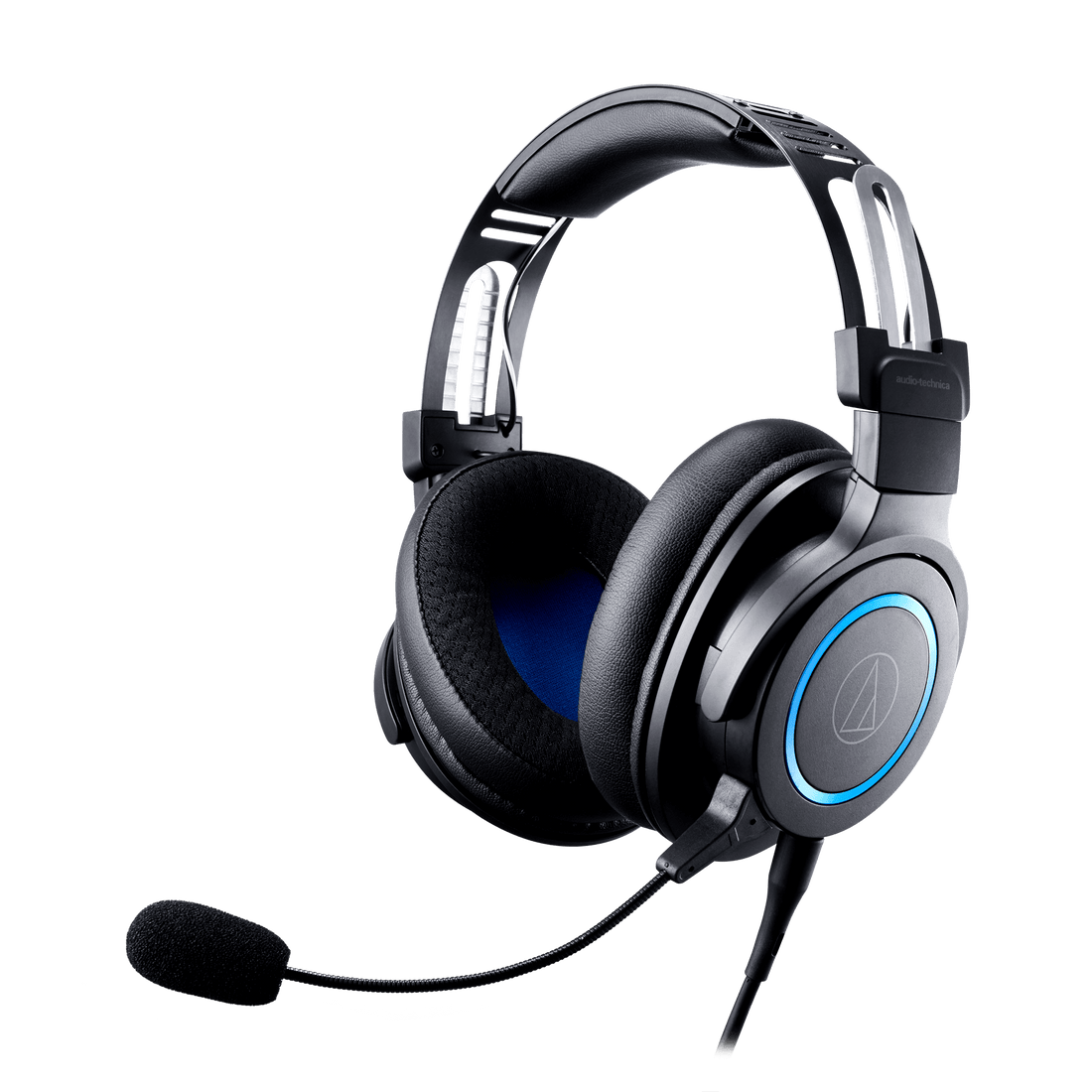 Black gaming headset with blue accents on a black background