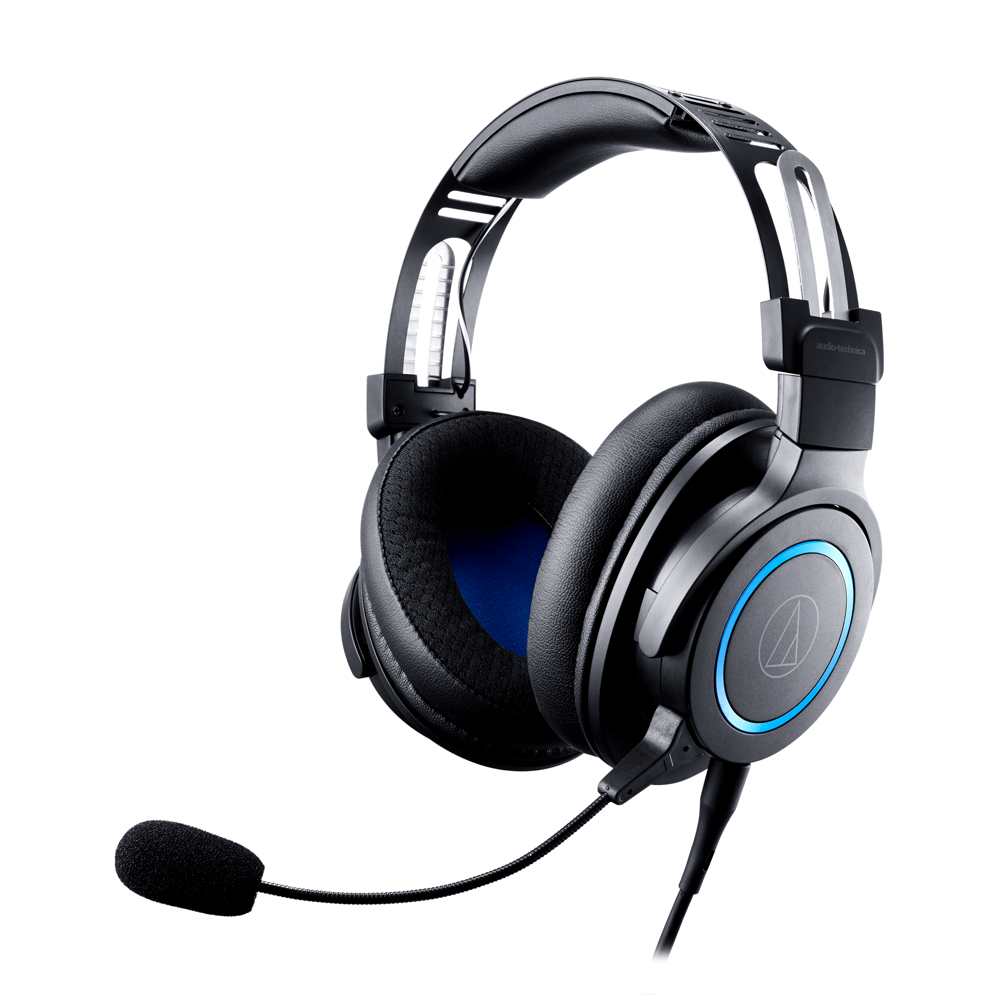 Black gaming headset with blue accents on a black background