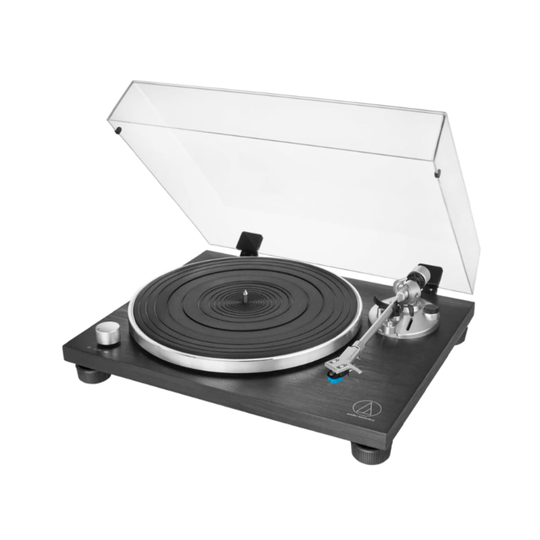 Turntable with clear cover on a white background