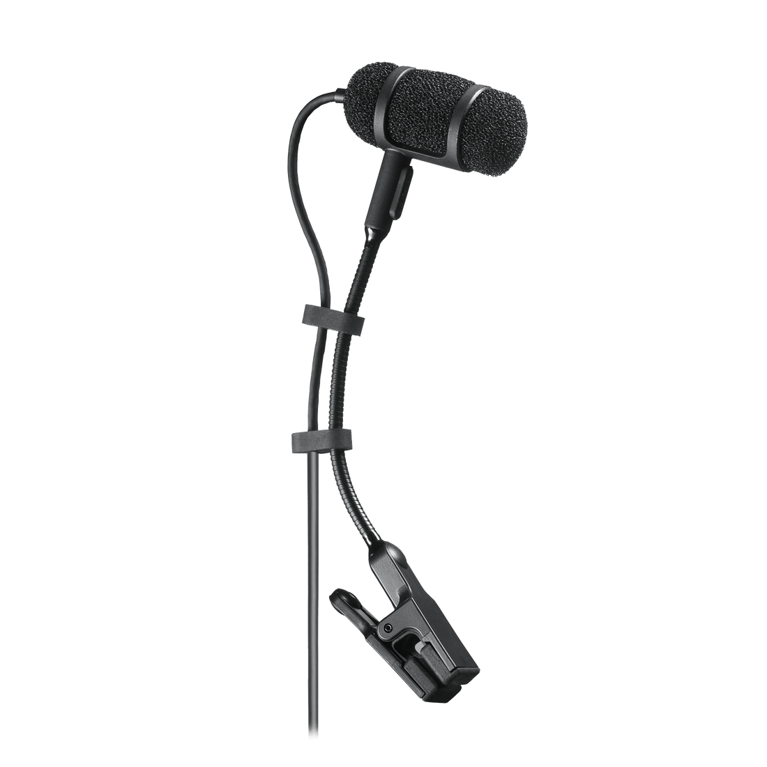 Black lavalier microphone with clip on a white background