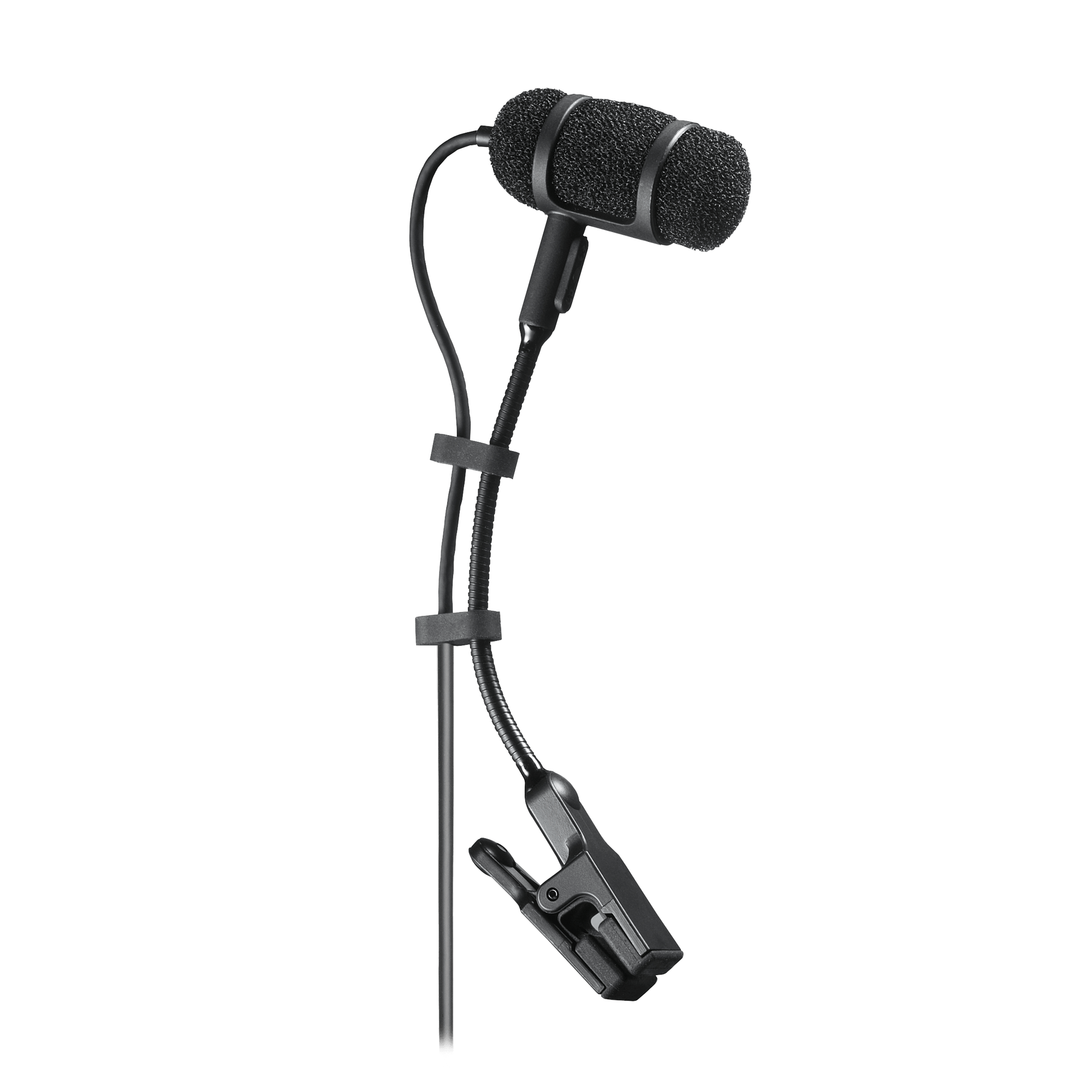Black lavalier microphone with clip on a white background
