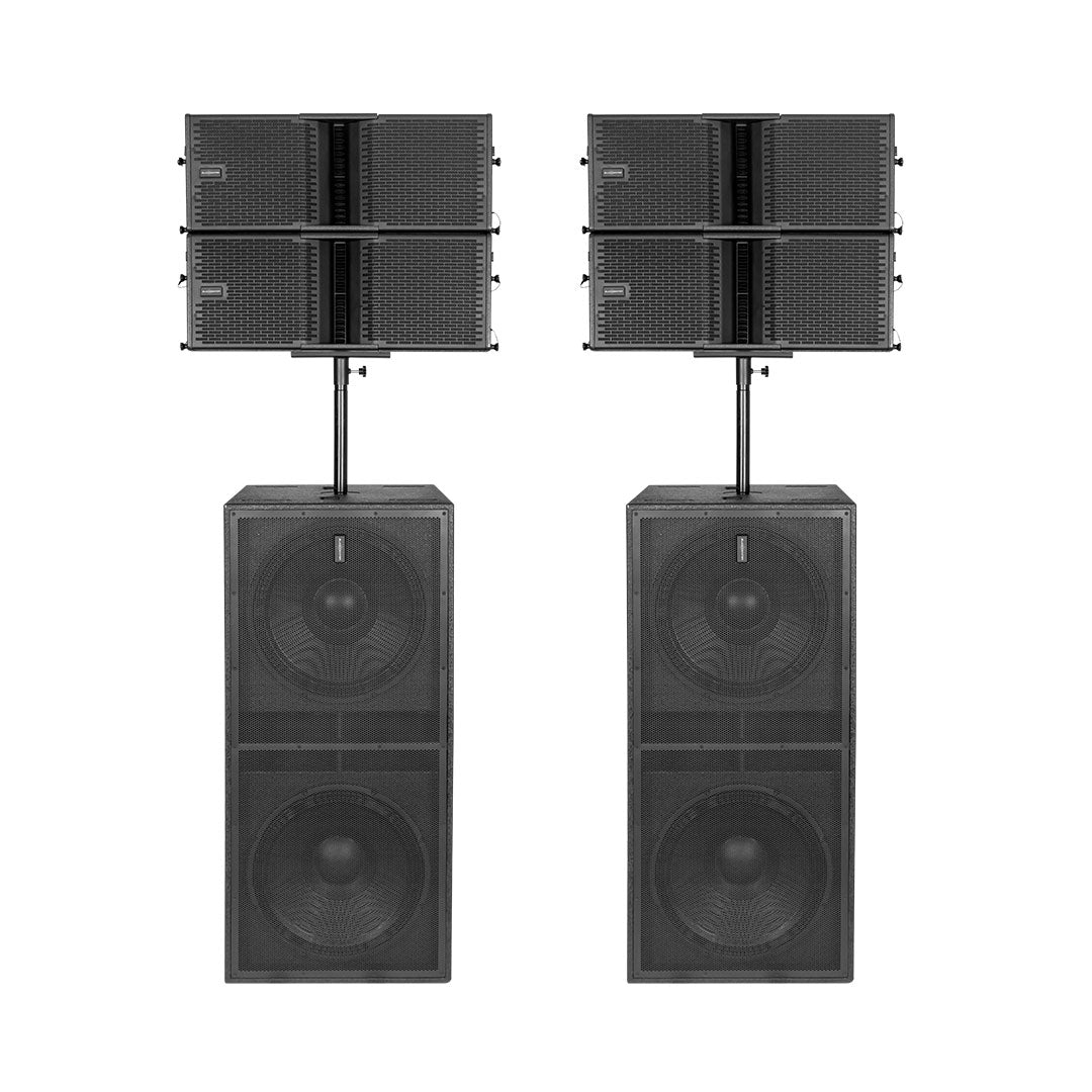 Two black speaker systems on stands against a white background