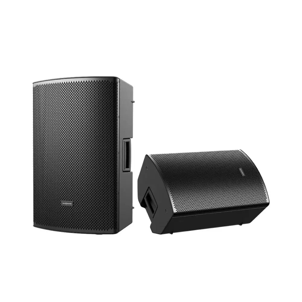 Two black speakers on a white background