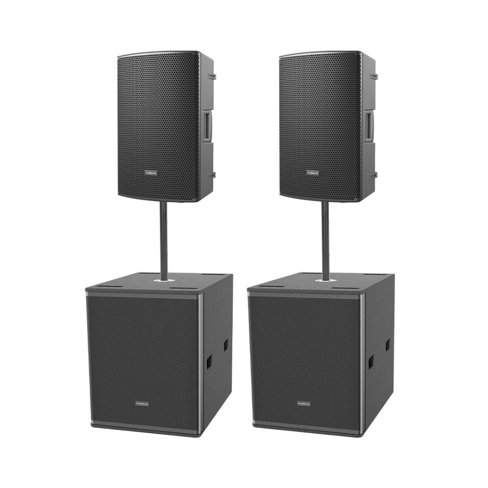 Two black speakers with stands on a white background
