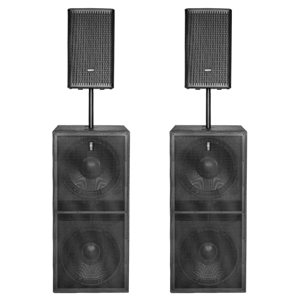 Pair of black speakers on stands against a white background