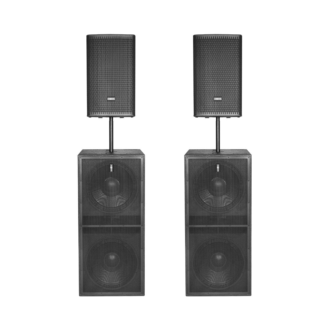 Pair of black speakers on stands against a white background