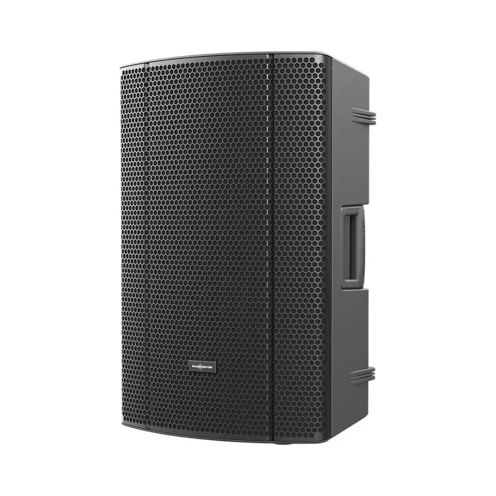 Black speaker with honeycomb pattern on a white background