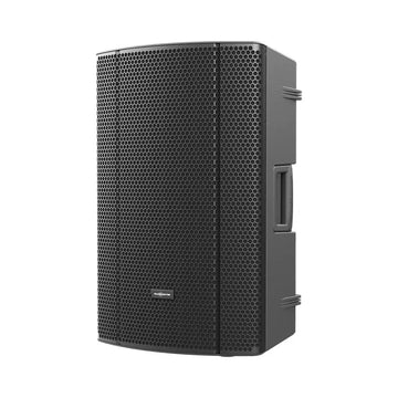 Black speaker with honeycomb pattern on a white background