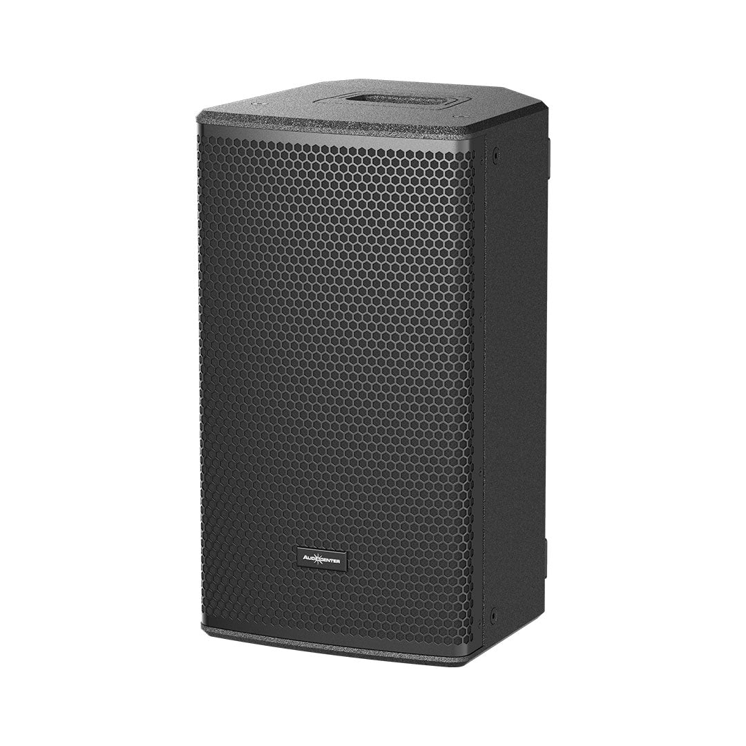 Black speaker with honeycomb pattern on a white background