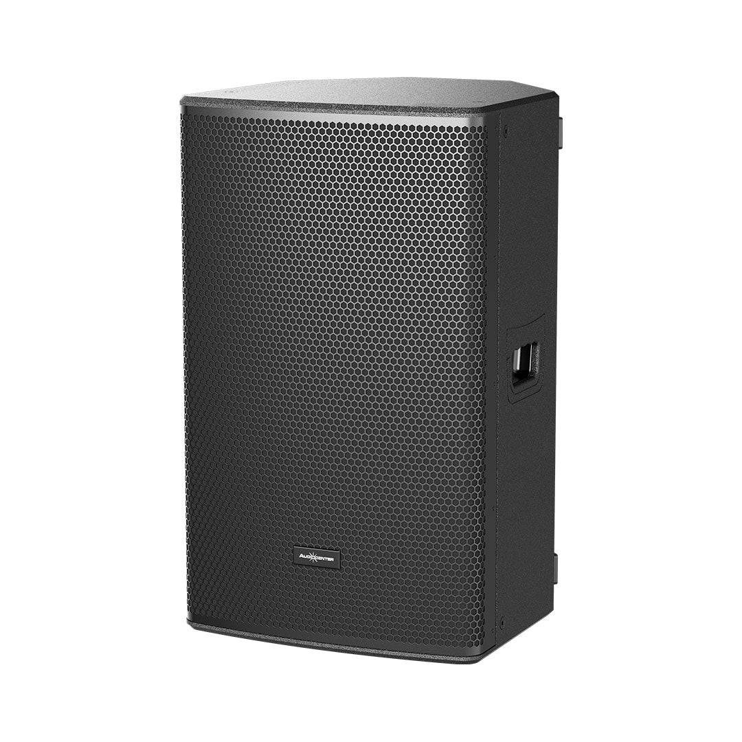 Black speaker with honeycomb pattern on a white background