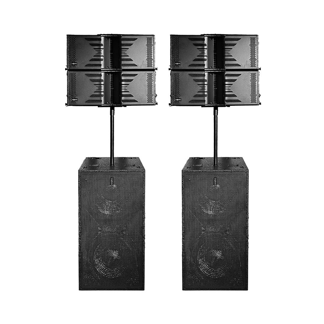 Two black speakers with stands on a white background