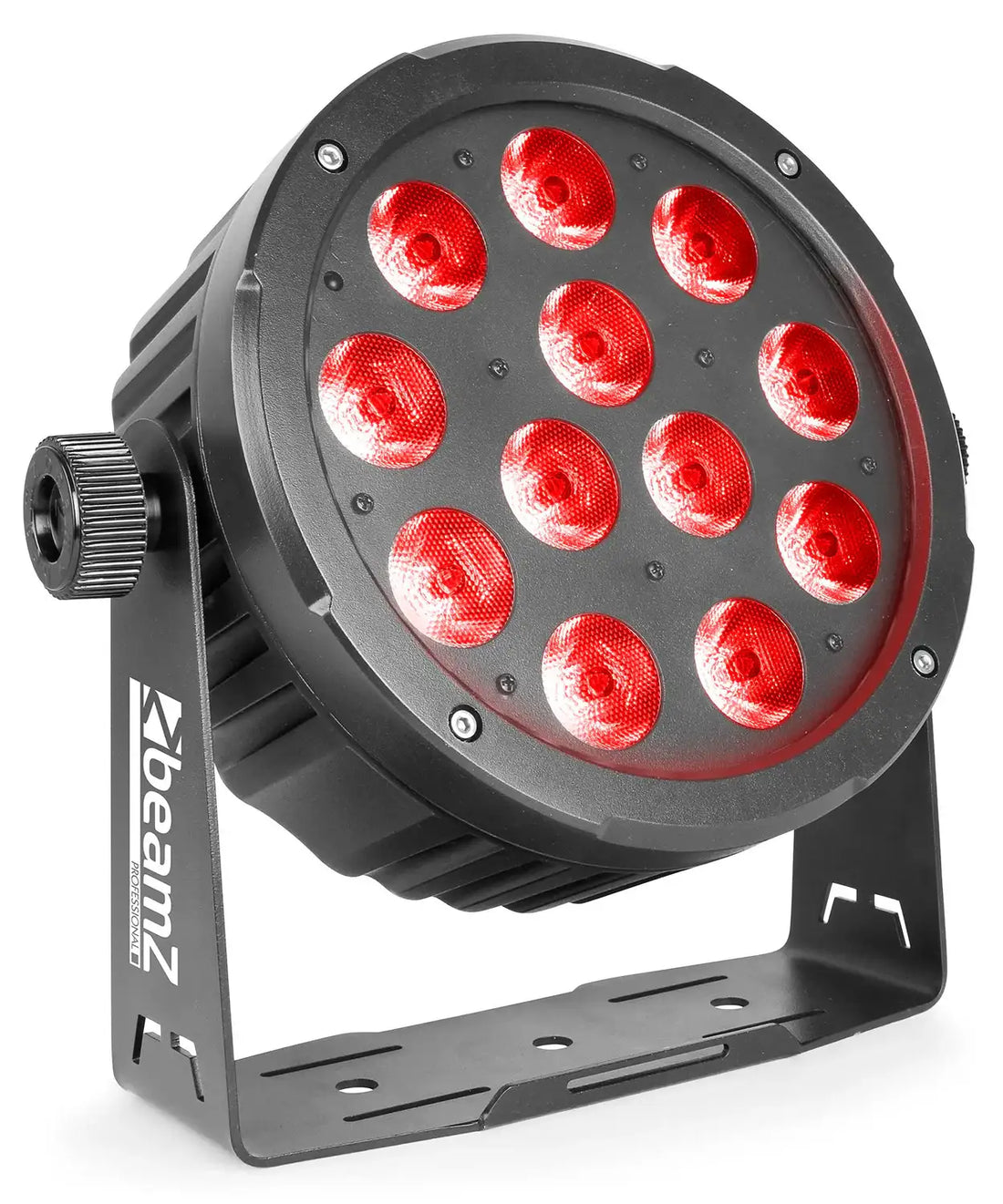 Round LED light fixture with red lenses on a white background