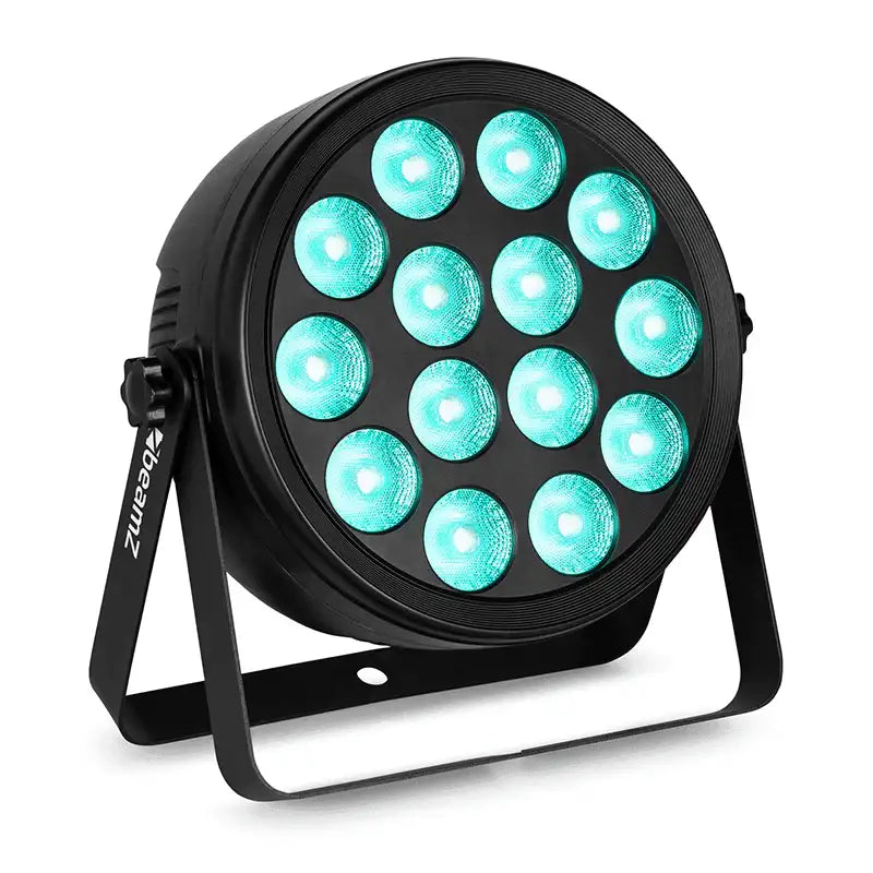 Round LED light fixture with green lights on a white background