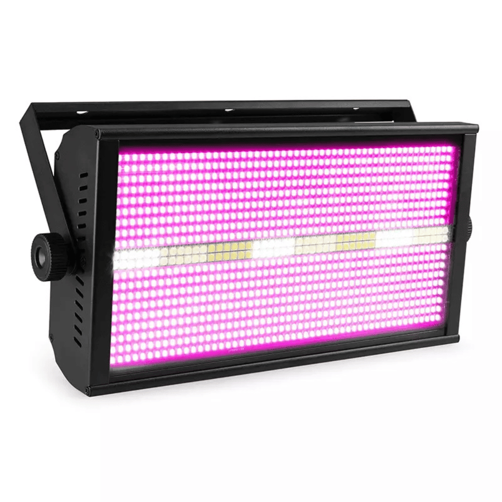 LED light fixture with pink and white LED panel on a white background