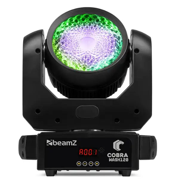 Lighting fixture with green and purple light on a white background