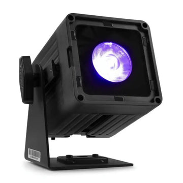Black outdoor floodlight with purple light on a white background