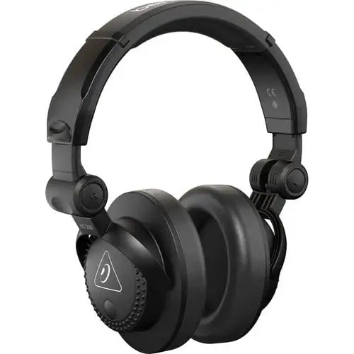 Black headphones with a visible brand logo on a white background