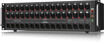 Behringer audio interface with multiple XLR inputs on a white background