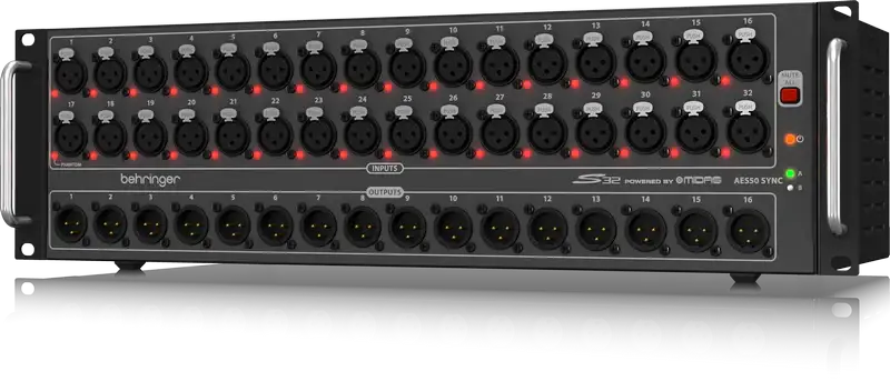 Behringer audio interface with multiple XLR inputs on a white background