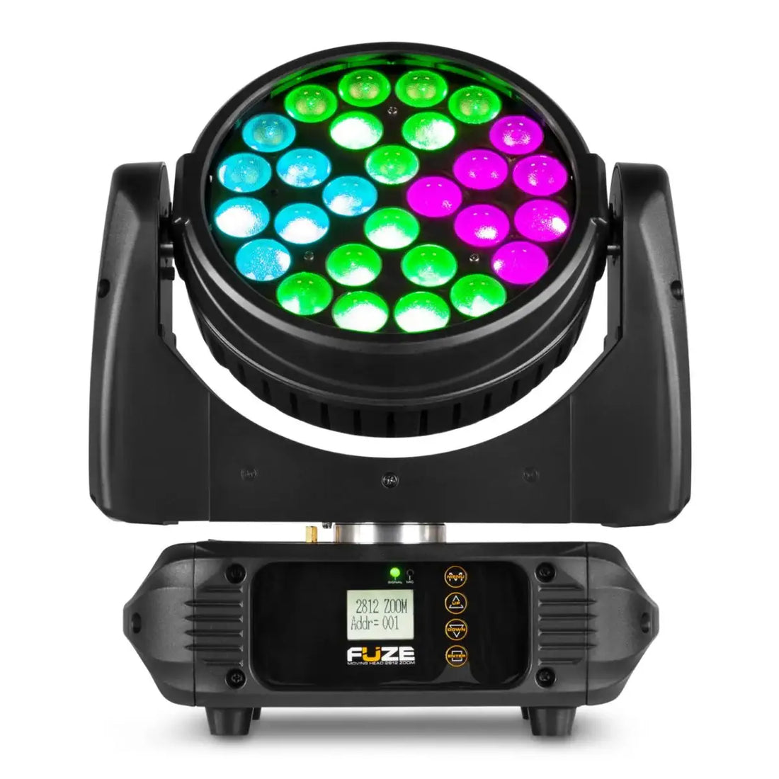 Colorful LED light fixture with digital display on a white background