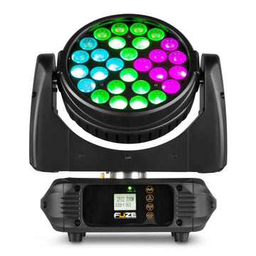 Colorful LED light fixture with digital display on a white background