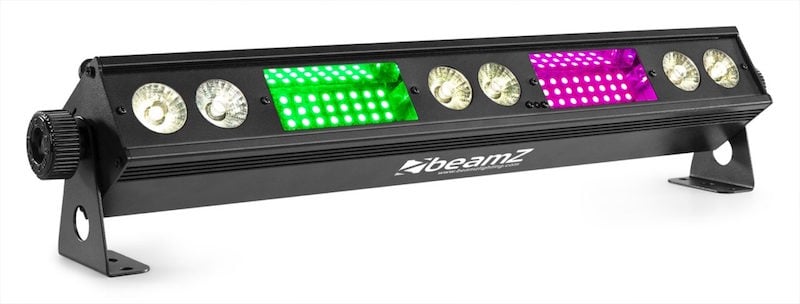 LED light bar with green and pink lights on a white background
