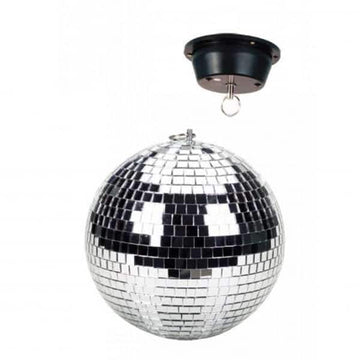 Silver mirror ball with black ceiling fixture on a white background