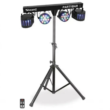 BeamZ PartyBar LED light fixture on a stand with remote control on a white background