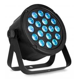 Black LED light fixture with blue lights on a white background