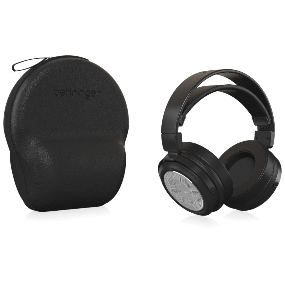 Black headphones with carrying case on a white background