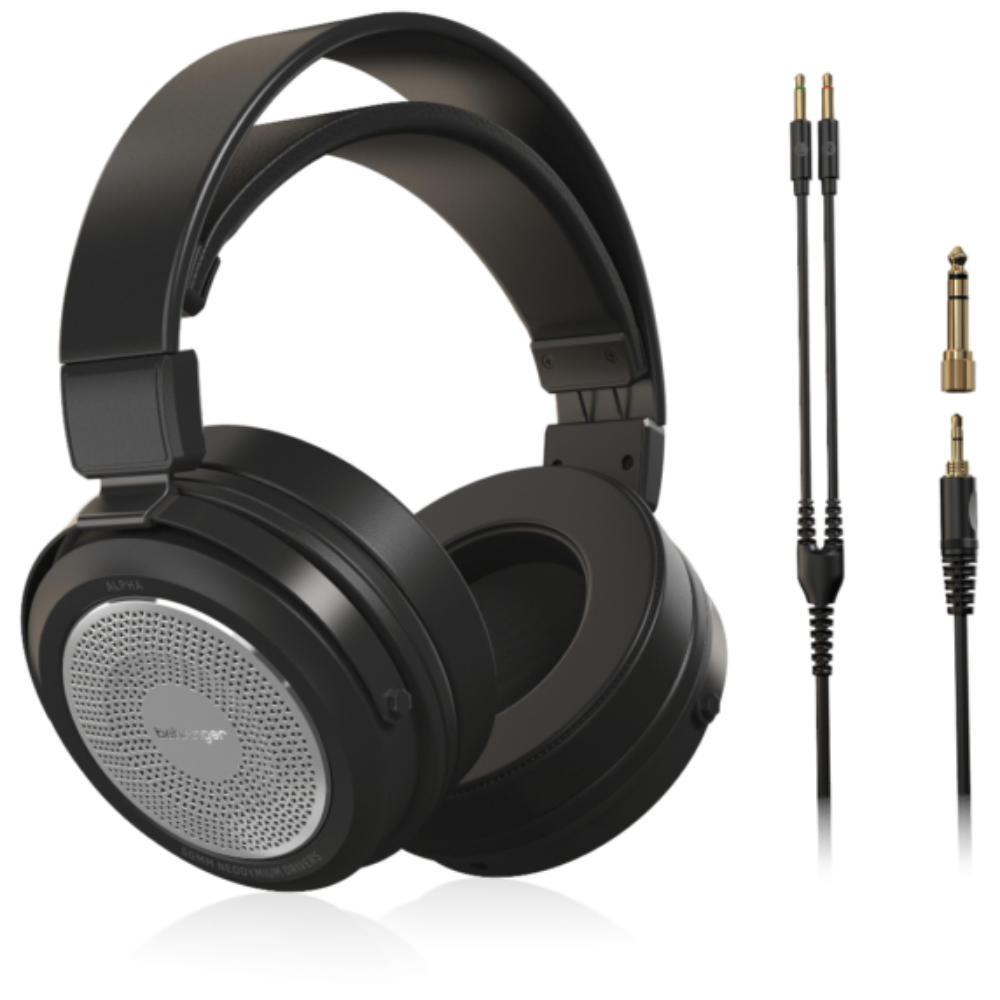 Black headphones with a cable and connectors on a white background