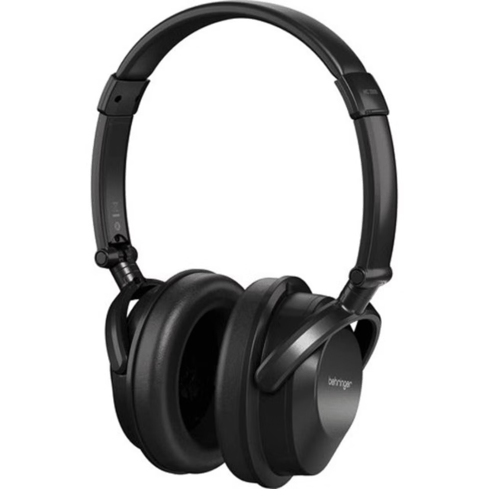 Black headphones on a white background