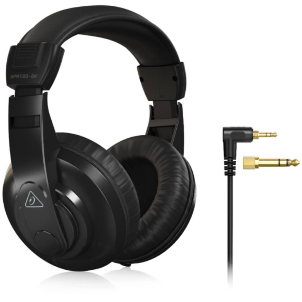 Black headphones with a cable on a white background