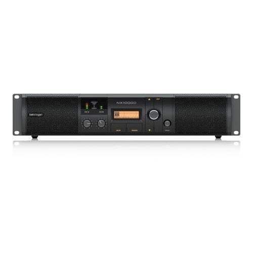 Black power amplifier with digital display on a white background