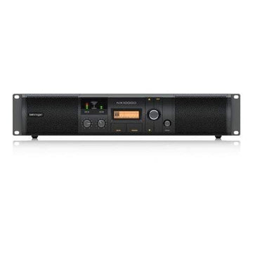 Black power amplifier with digital display on a white background