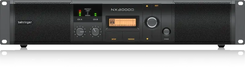 Power amplifier with digital display and control buttons on a white background