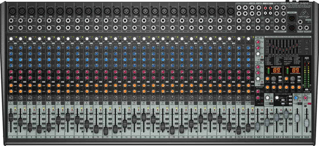 Large audio mixing console with various controls and display panels.