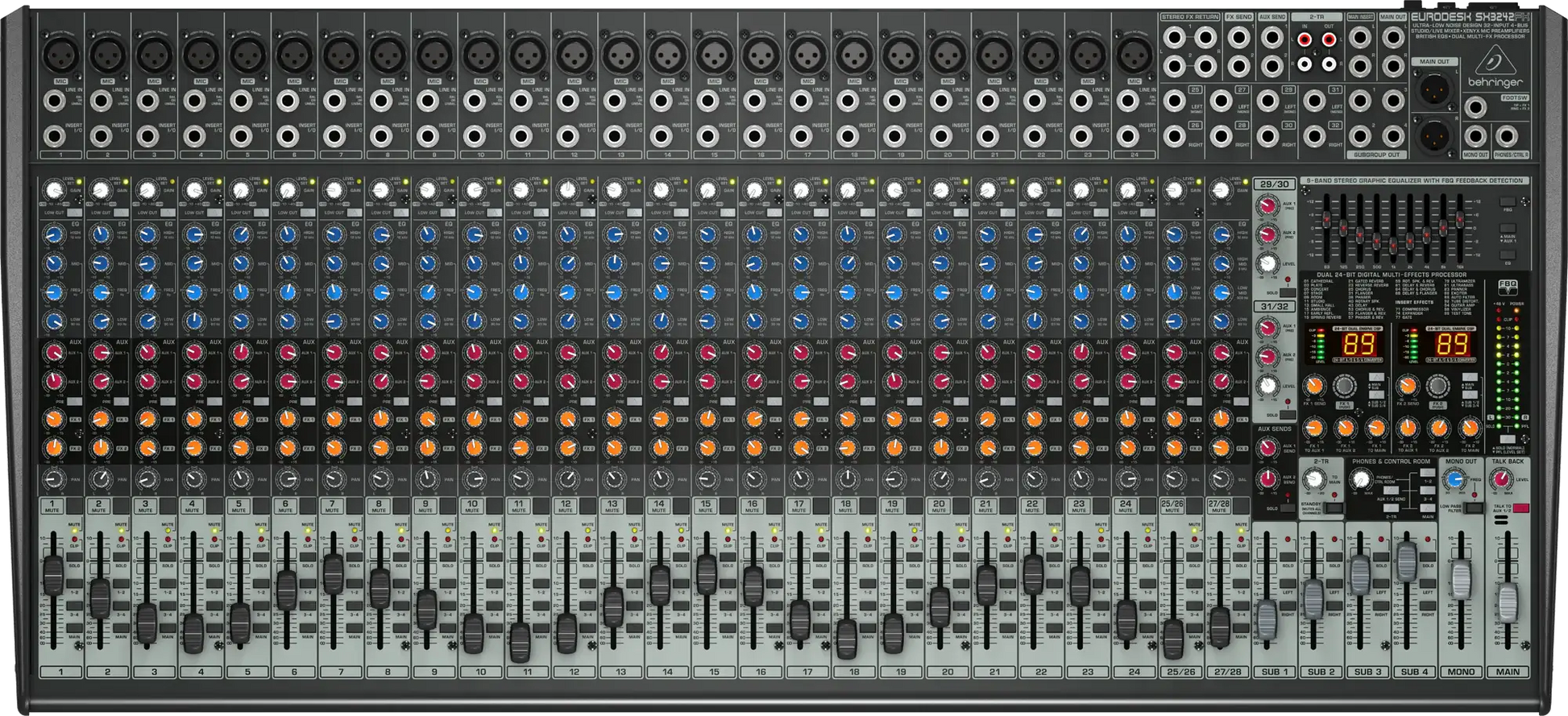 Large audio mixing console with various controls and display panels.