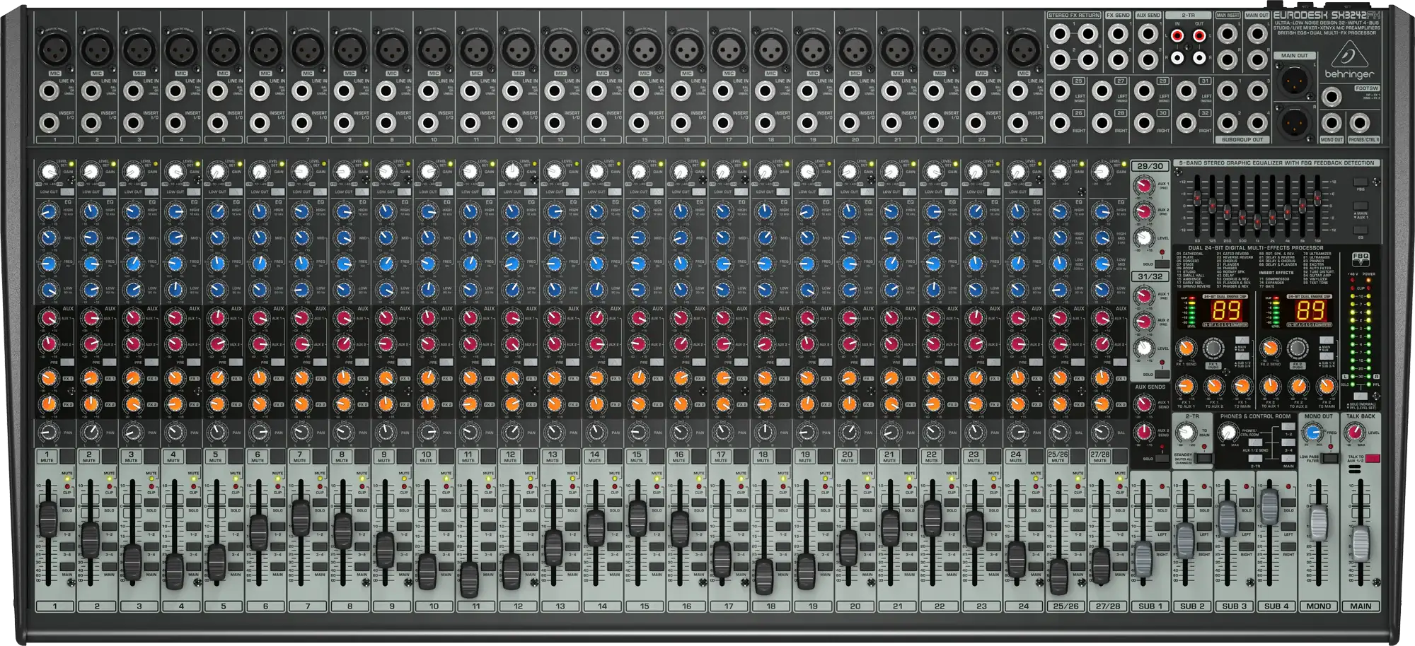 Large audio mixing console with various controls and display panels.